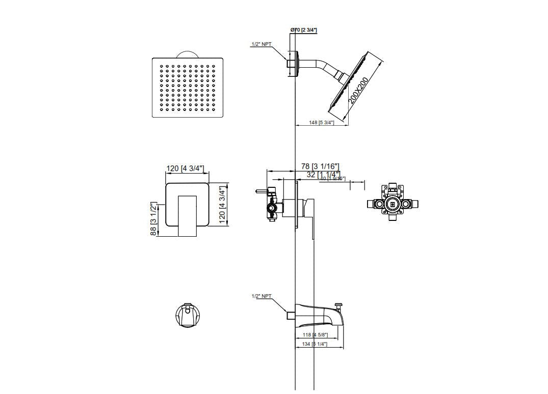 Rain Showerhead and Bath Spout -Matte Black,Square - Mary Anne's Kitchen and Bath